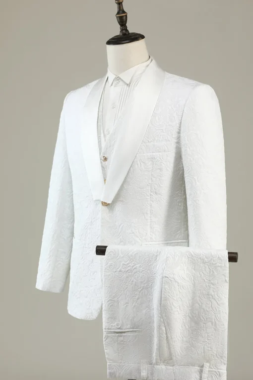 White Jacquard Shawl Lapel 3 Piece Prom Homecoming Suits