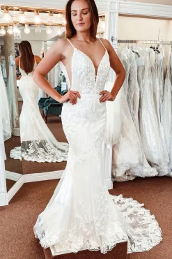 White Lace Mermaid Backless Long Wedding Dress