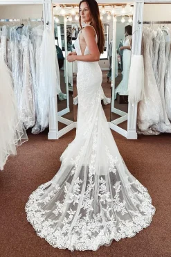 White Lace Mermaid Backless Long Wedding Dress