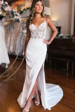 White Lace-Up Back Wedding Dress with Slit