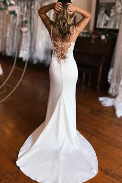 White Lace-Up Back Wedding Dress with Slit
