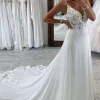 White Long Chiffon Boho A-Line Wedding Dress with Lace