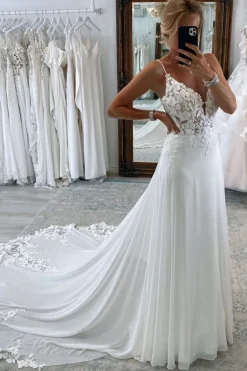 White Long Chiffon Boho A-Line Wedding Dress with Lace