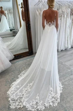 White Long Chiffon Boho A-Line Wedding Dress with Lace