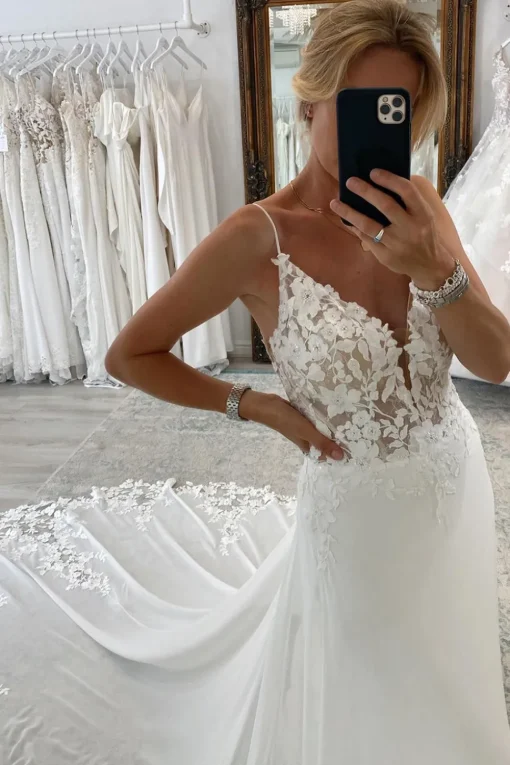 White Long Chiffon Boho A-Line Wedding Dress with Lace