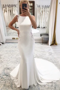 White Long Mermaid Boho Wedding Dress with Lace