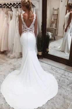White Long Mermaid Boho Wedding Dress with Lace