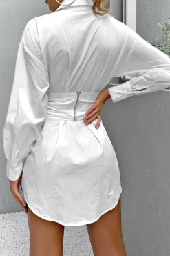 White Long Sleeves Mini Graduation Dress with Lace Up