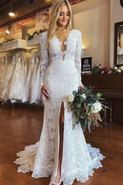 White Mermaid Boho Long Lace Wedding Dress with Sleeves