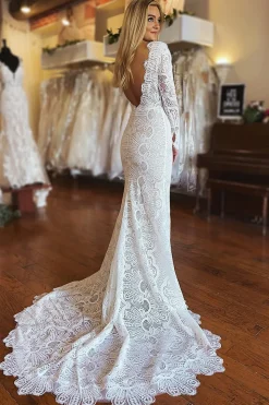 White Mermaid Boho Long Lace Wedding Dress with Sleeves