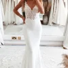 White Mermaid Lace Long Backless Wedding Dress with Button