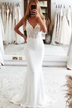 White Mermaid Lace Long Backless Wedding Dress with Button