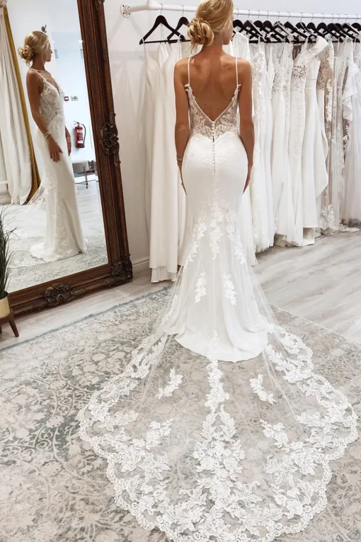 White Mermaid Lace Long Backless Wedding Dress with Button