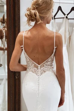 White Mermaid Lace Long Backless Wedding Dress with Button