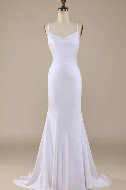 White Mermaid Lace-Up Back Sweep Train Wedding Dress