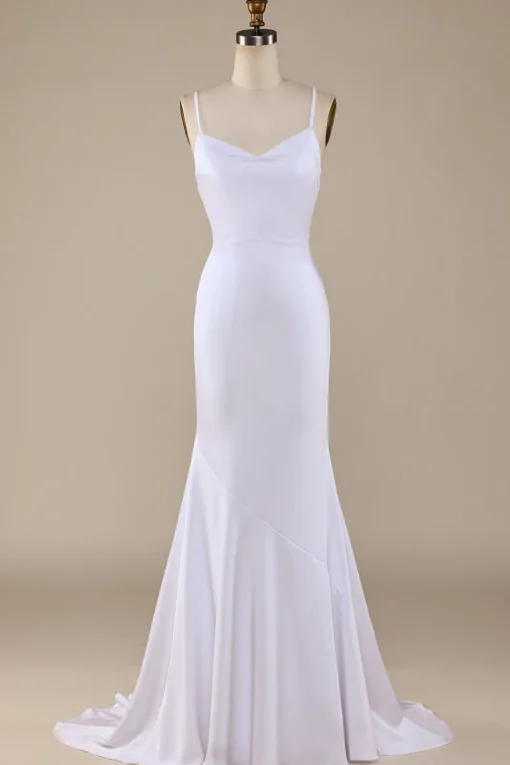 White Mermaid Lace-Up Back Sweep Train Wedding Dress
