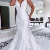 White Mermaid Long Satin Wedding Dress with Lace
