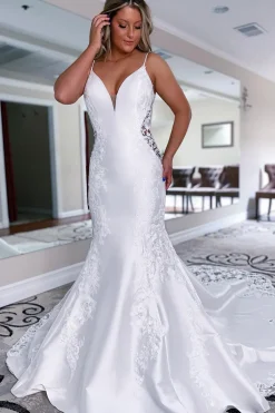 White Mermaid Long Satin Wedding Dress with Lace