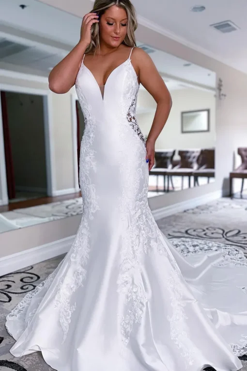 White Mermaid Long Satin Wedding Dress with Lace