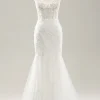 White Mermaid Spaghetti Straps Applique Lace Corset Wedding Dress with Lace-up Back
