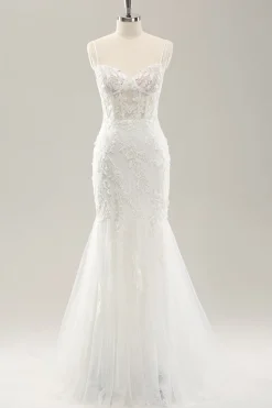 White Mermaid Spaghetti Straps Applique Lace Corset Wedding Dress with Lace-up Back