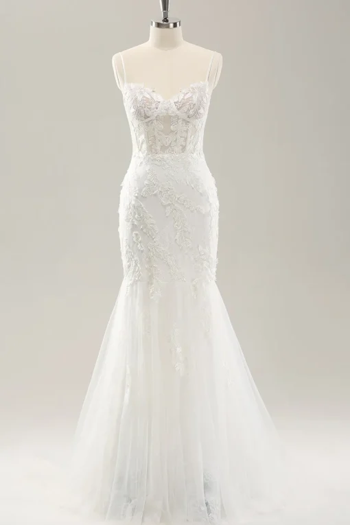 White Mermaid Spaghetti Straps Applique Lace Corset Wedding Dress with Lace-up Back
