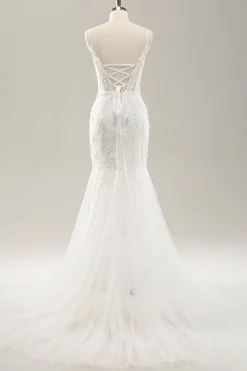 White Mermaid Spaghetti Straps Applique Lace Corset Wedding Dress with Lace-up Back
