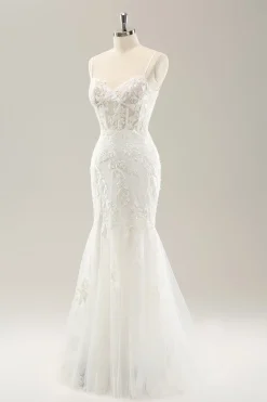 White Mermaid Spaghetti Straps Applique Lace Corset Wedding Dress with Lace-up Back