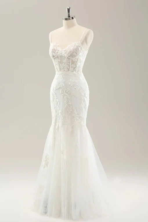White Mermaid Spaghetti Straps Applique Lace Corset Wedding Dress with Lace-up Back
