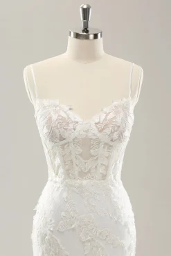 White Mermaid Spaghetti Straps Applique Lace Corset Wedding Dress with Lace-up Back