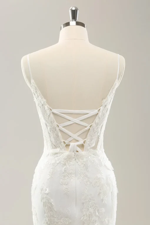 White Mermaid Spaghetti Straps Applique Lace Corset Wedding Dress with Lace-up Back