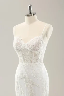 White Mermaid Spaghetti Straps Applique Lace Corset Wedding Dress with Lace-up Back