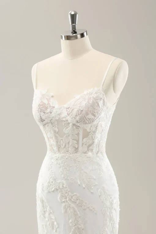 White Mermaid Spaghetti Straps Applique Lace Corset Wedding Dress with Lace-up Back