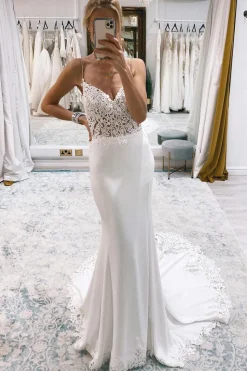 White Mermaid Sweep Train Boho Long Mermaid Wedding Dress with Lace