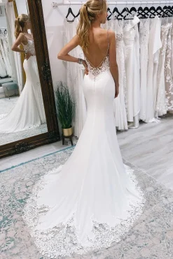 White Mermaid Sweep Train Boho Long Mermaid Wedding Dress with Lace
