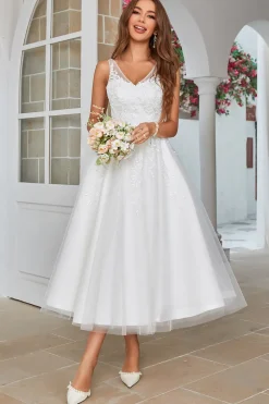 White Mid-Calf Tulle Wedding Dress with Lace