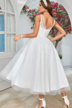 White Mid-Calf Tulle Wedding Dress with Lace