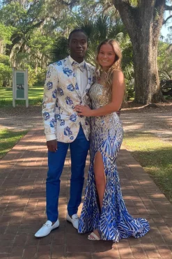 White Notched Lapel Floral Jacquard One Button 2 Piece Prom Suits with Royal Blue Pants