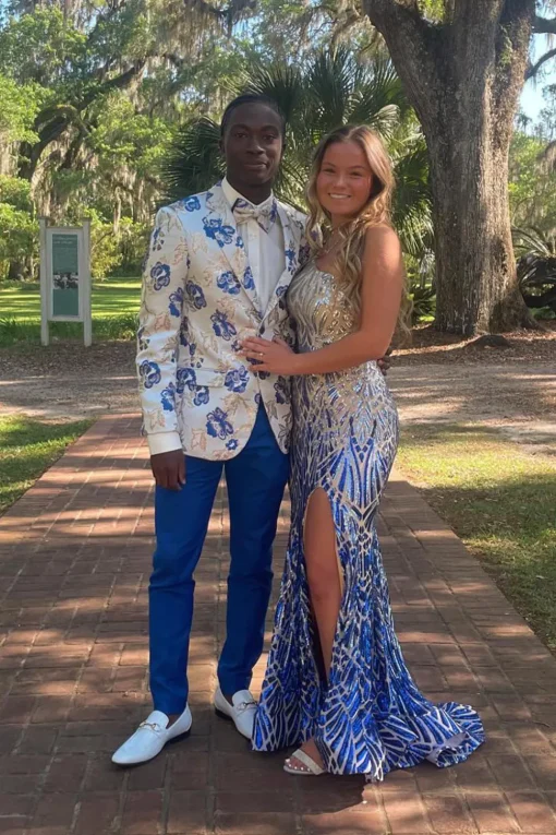 White Notched Lapel Floral Jacquard One Button 2 Piece Prom Suits with Royal Blue Pants
