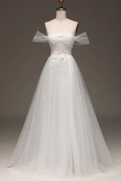 White Off the Shoulder A Line Corset Prom Dress with Appliques