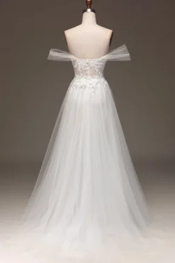 White Off the Shoulder A Line Corset Prom Dress with Appliques