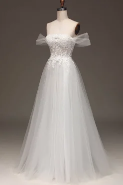 White Off the Shoulder A Line Corset Prom Dress with Appliques