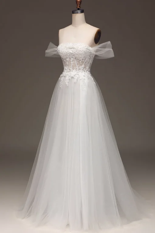 White Off the Shoulder A Line Corset Prom Dress with Appliques