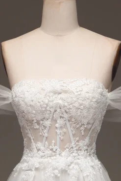 White Off the Shoulder A Line Corset Prom Dress with Appliques