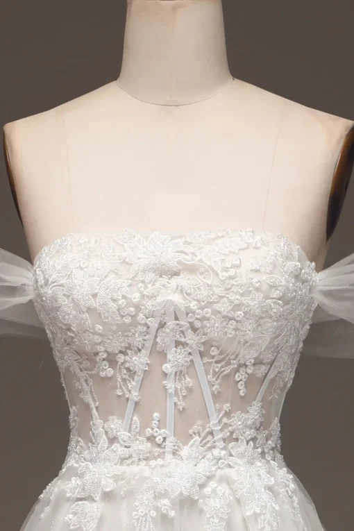 White Off the Shoulder A Line Corset Prom Dress with Appliques