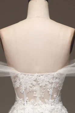 White Off the Shoulder A Line Corset Prom Dress with Appliques