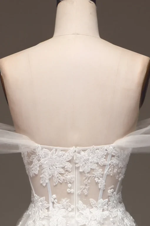 White Off the Shoulder A Line Corset Prom Dress with Appliques
