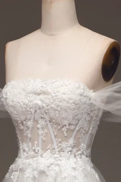 White Off the Shoulder A Line Corset Prom Dress with Appliques
