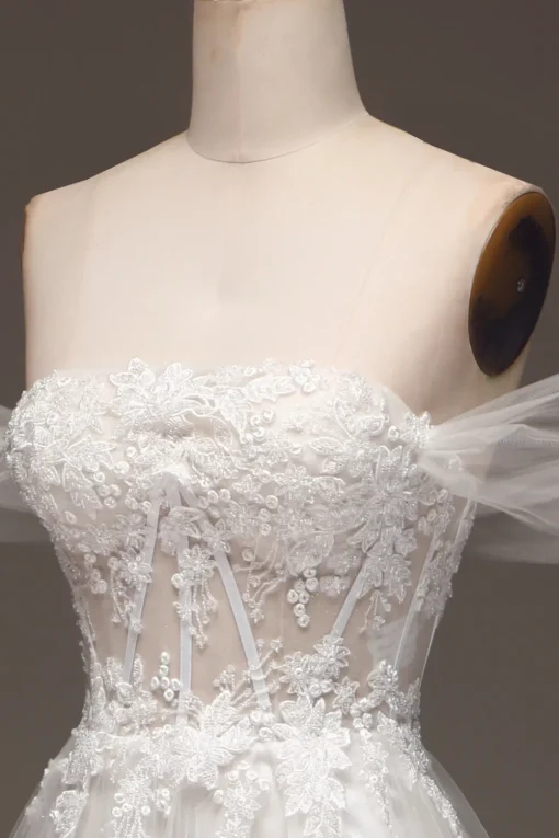 White Off the Shoulder A Line Corset Prom Dress with Appliques