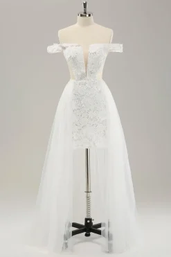 White Off the Shoulder Cut Out Wedding Dress with Detachable Tulle
